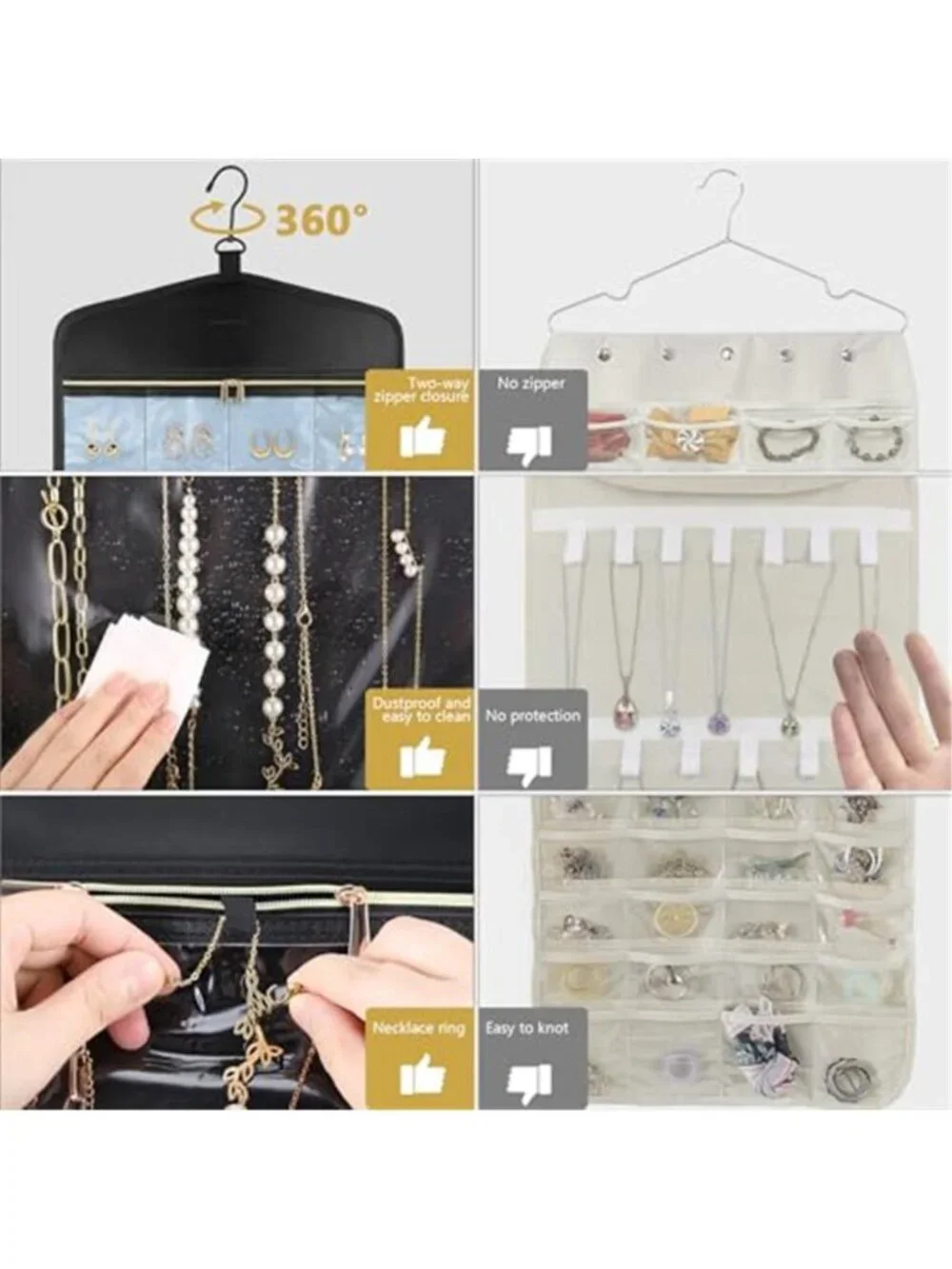 Hanging Jewelry Organizer Double Sided Necklace Earring Storage Bag Zipper